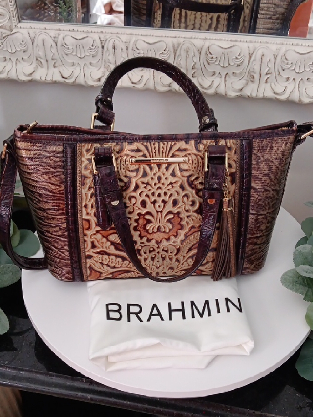 Brahmin Embossed Floral Satchel in Brown and Tan - Picture 14 of 14